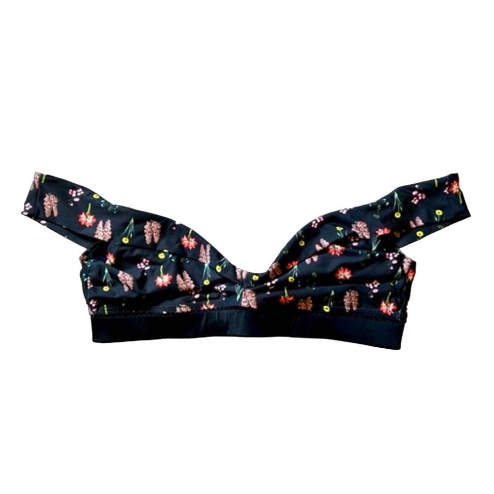 Smerelda black off the shoulder sweetheart neckline floral bikini top sz L retro